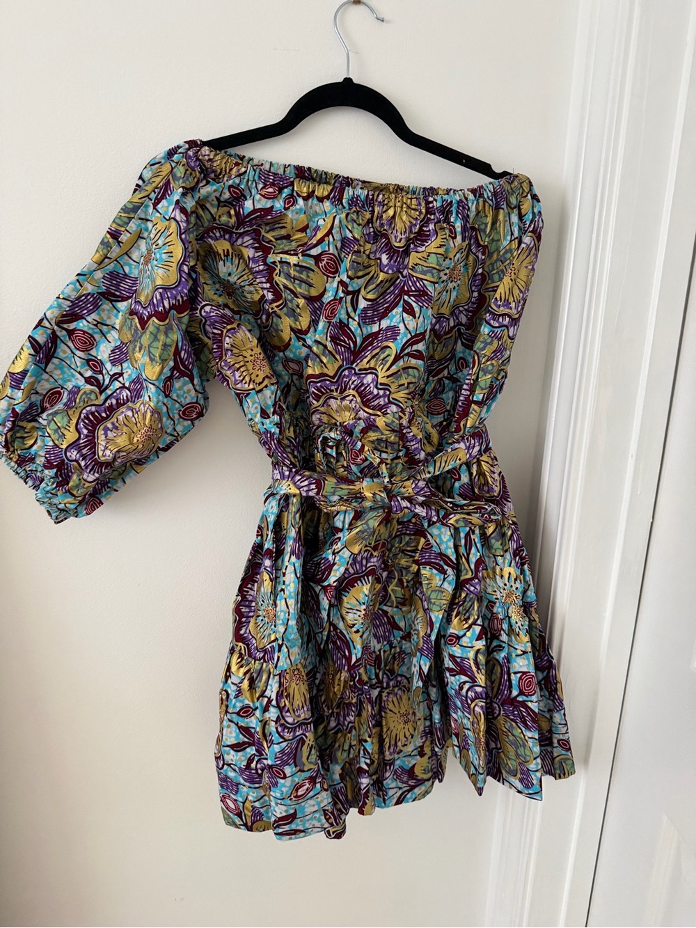 Off-Shoulder Floral Mini Dress in Turquoise and Purple